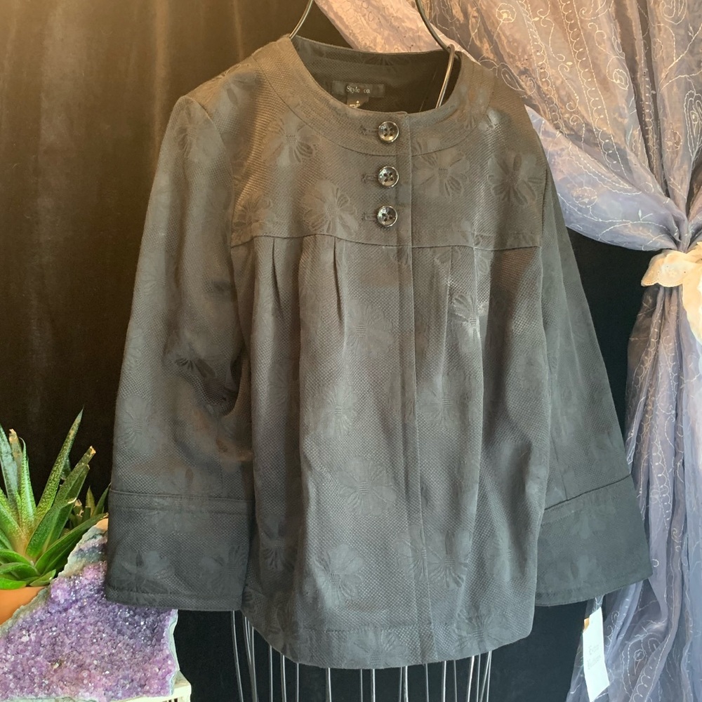 Sydney Black Pique  Brocade Jacket Scoop Neck Swing Button Front Office Evening